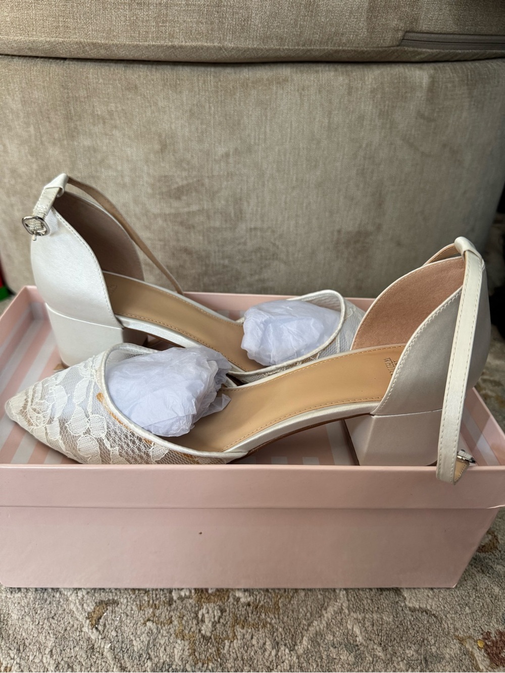 Lace D'Orsay Block Heel Ankle-Strap Pumps - White